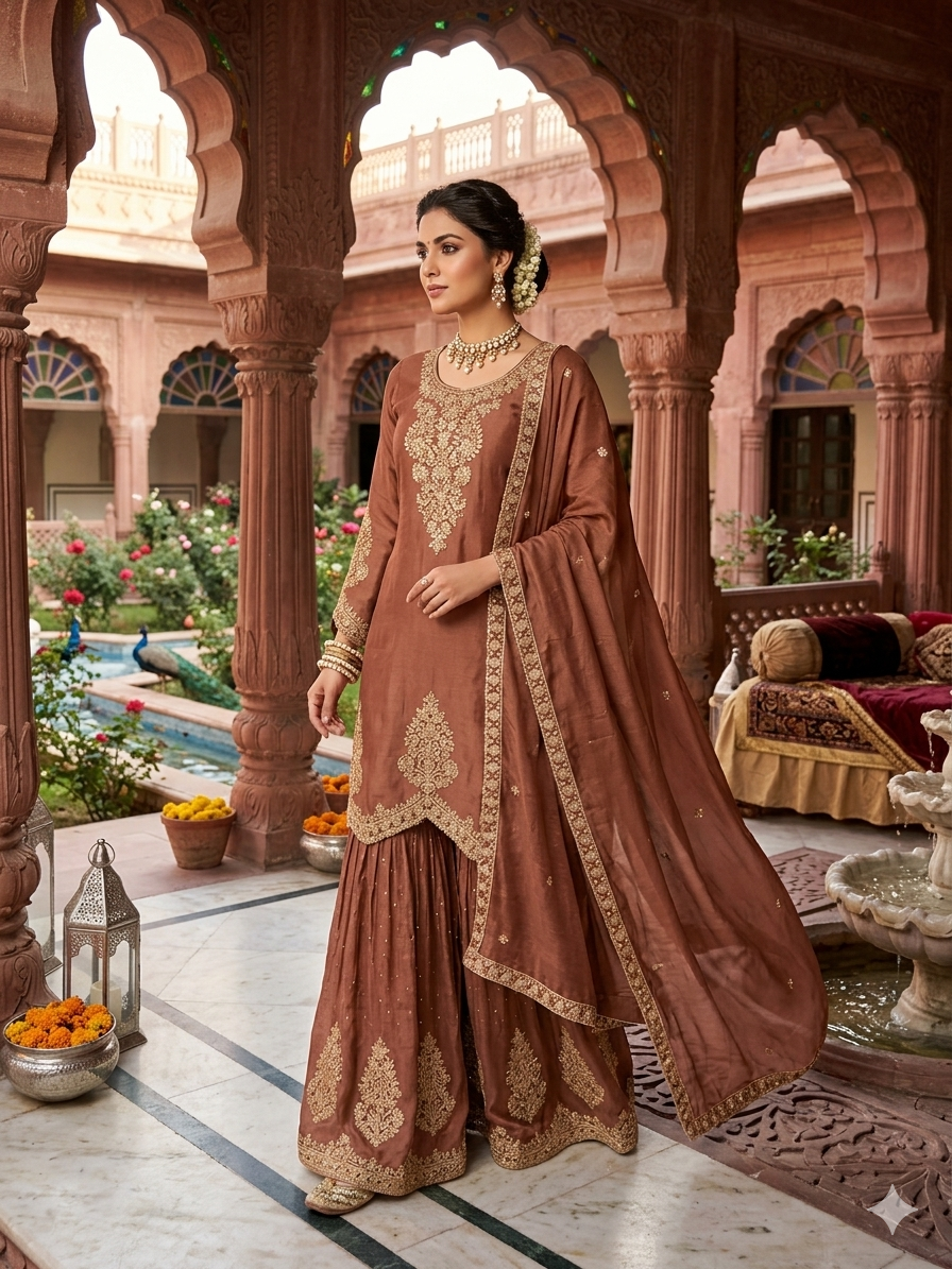 ✨ Brown Gold Embroidered Sharara Suit Set