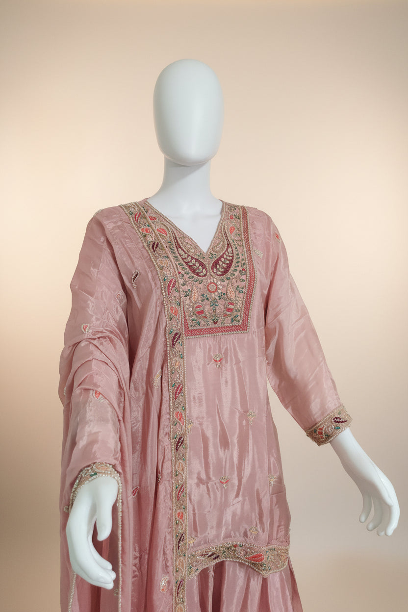 Light Pink Handwork Embroidered Farshi Salwar Suit