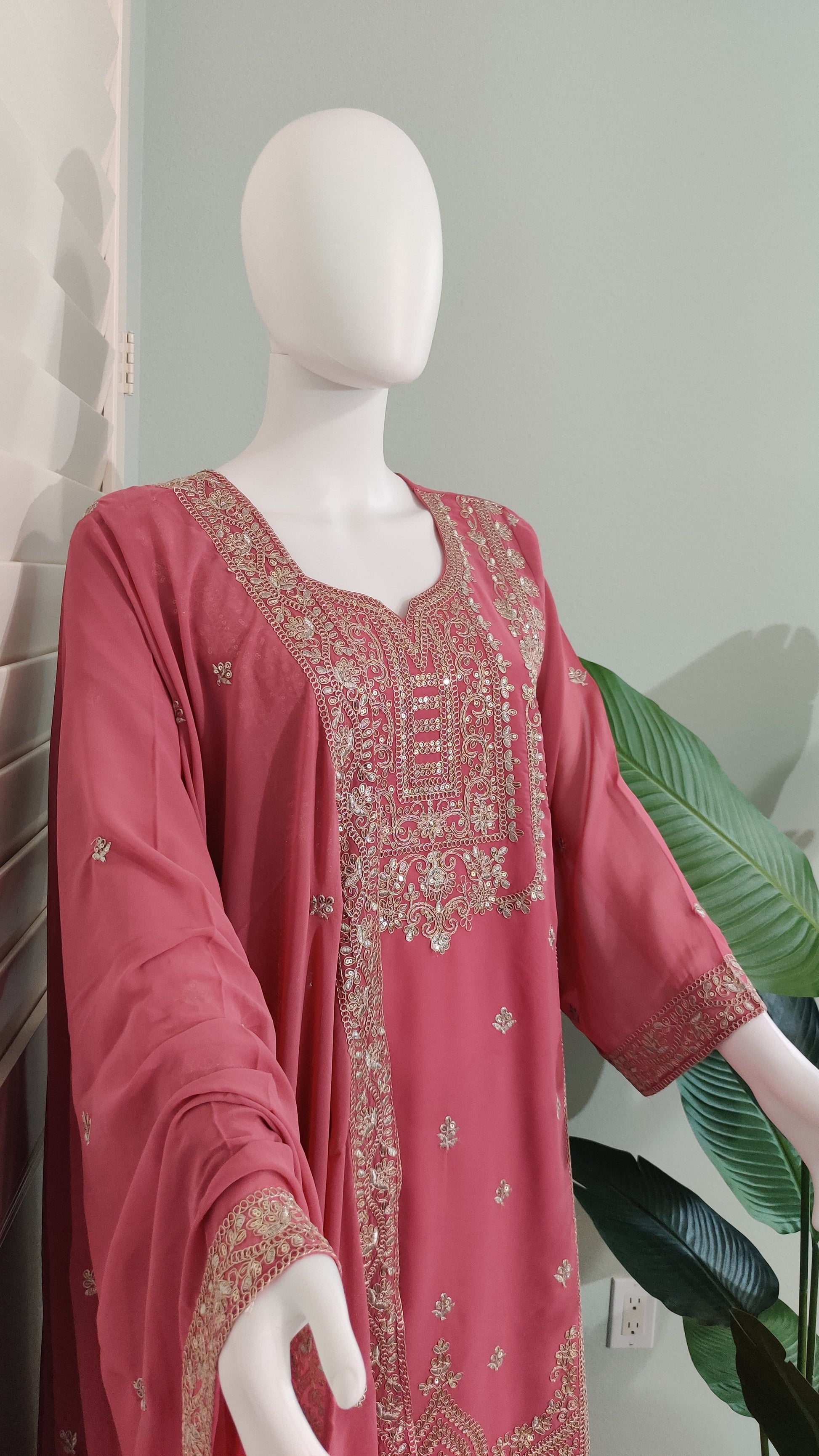 Blush Pink Zari Embroidered Kurta Skirt Set (Plus Size)