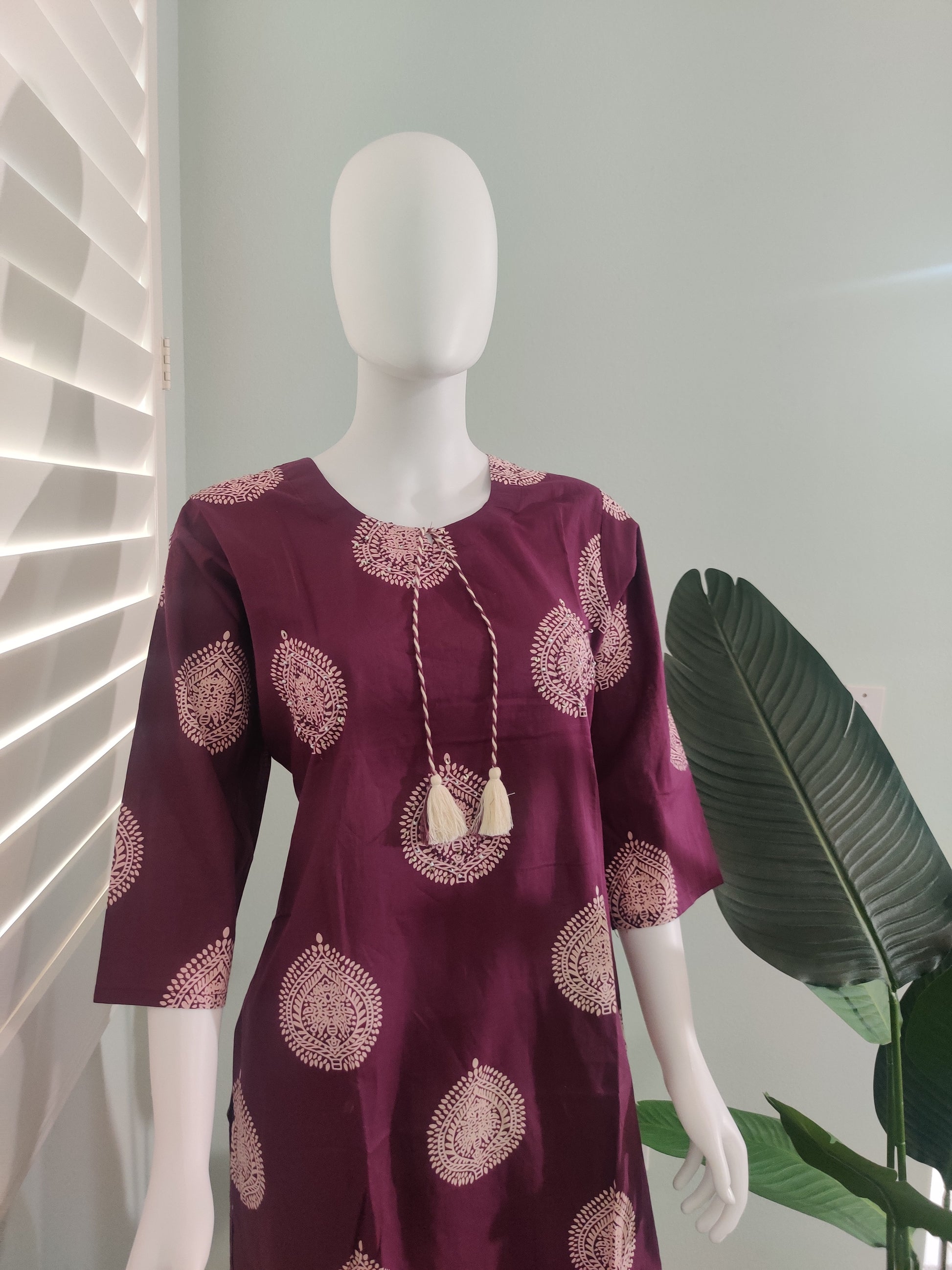 Wine Block Printed Premium Cotton Kurta Set