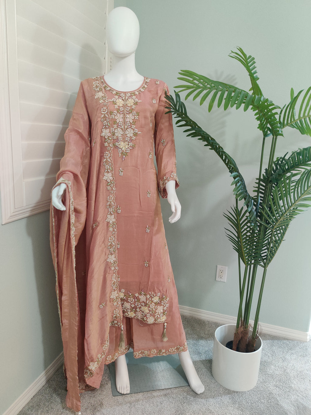 Peach Tissue Shimmer Handwork Embroidered Wedding Wear Suit