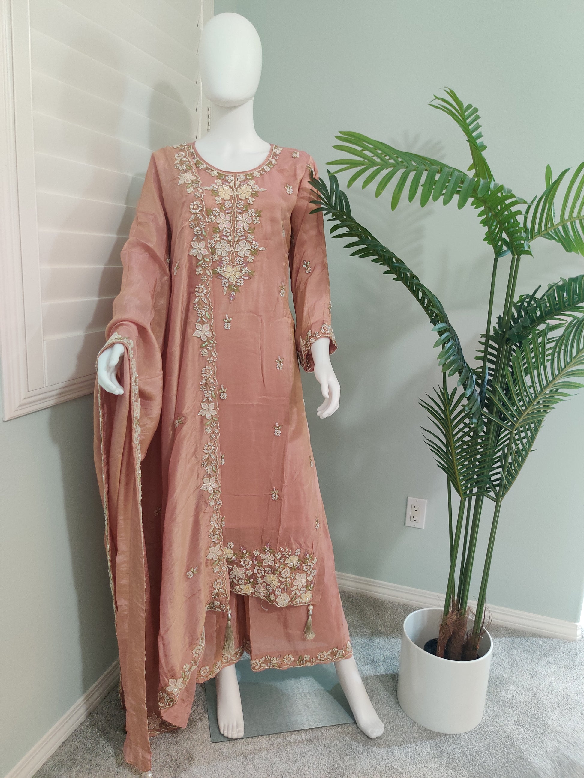Peach Tissue Shimmer Handwork Embroidered Wedding Wear Suit