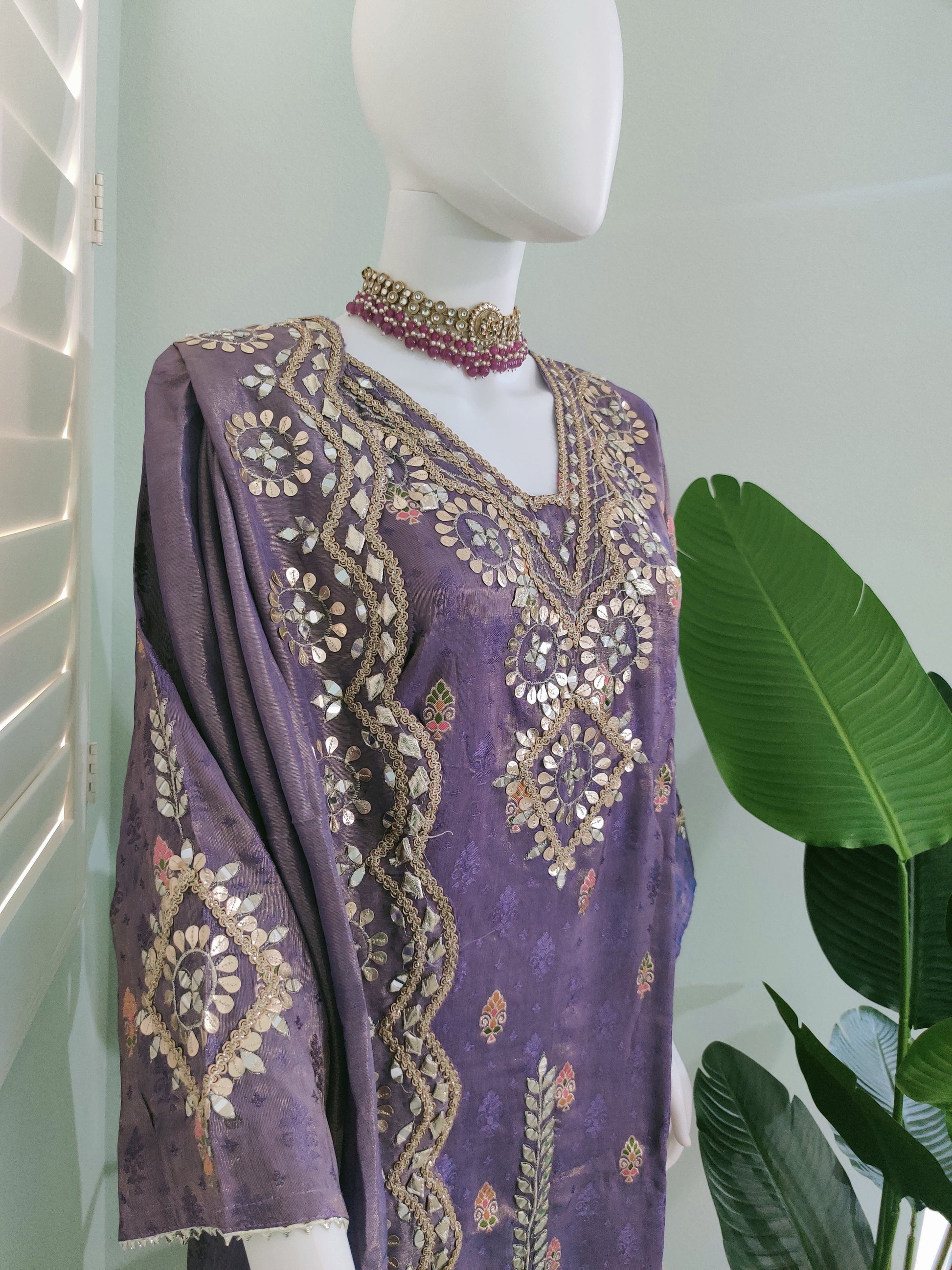 Regal Lavender straight kurta set with intricate gold-silver embroidery — celebration ready.