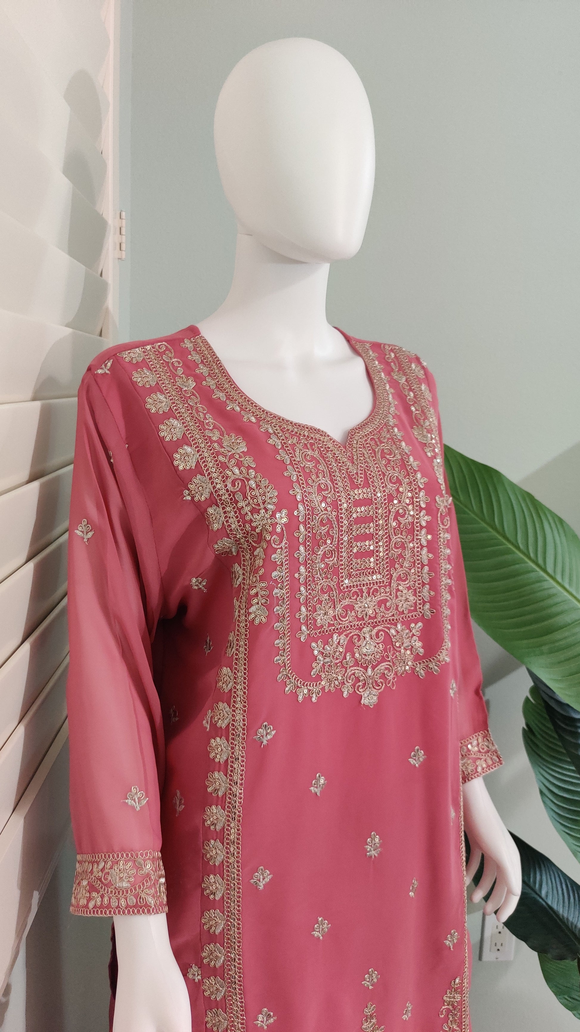 Blush Pink Zari Embroidered Kurta Skirt Set (Plus Size)