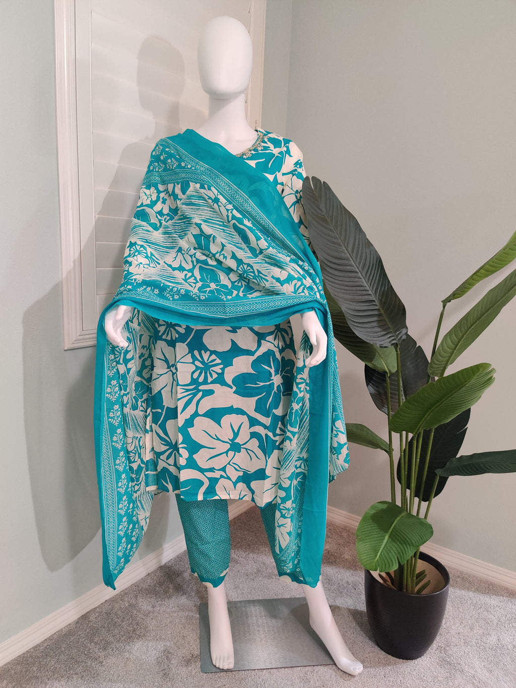Teal Summer Wear Printed Cotton Kurta Set