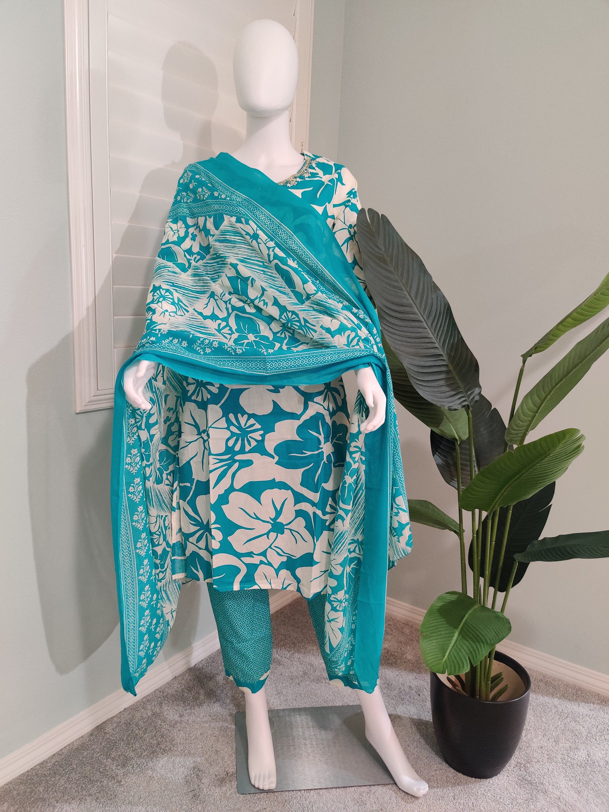 Teal Summer Wear Printed Cotton Kurta Set