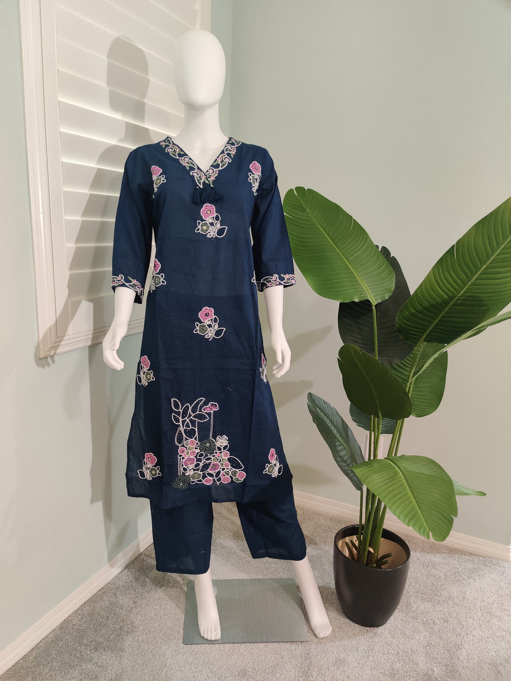 Navy Sequin Embroidered Cotton Kurta Set