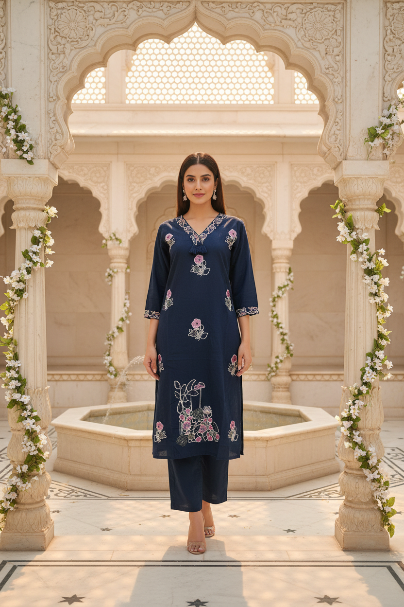 Navy Sequin Embroidered Cotton Kurta Set