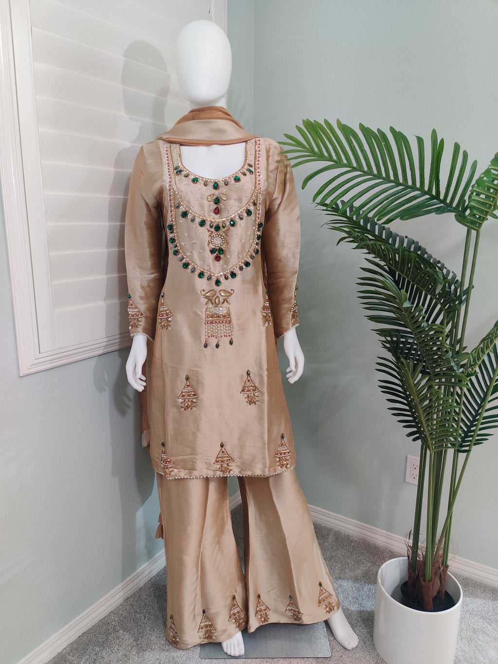 Golden Party Wear Handwork Embroidered Plazzo Kurta Set