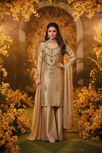 Golden Party Wear Handwork Embroidered Plazzo Kurta Set