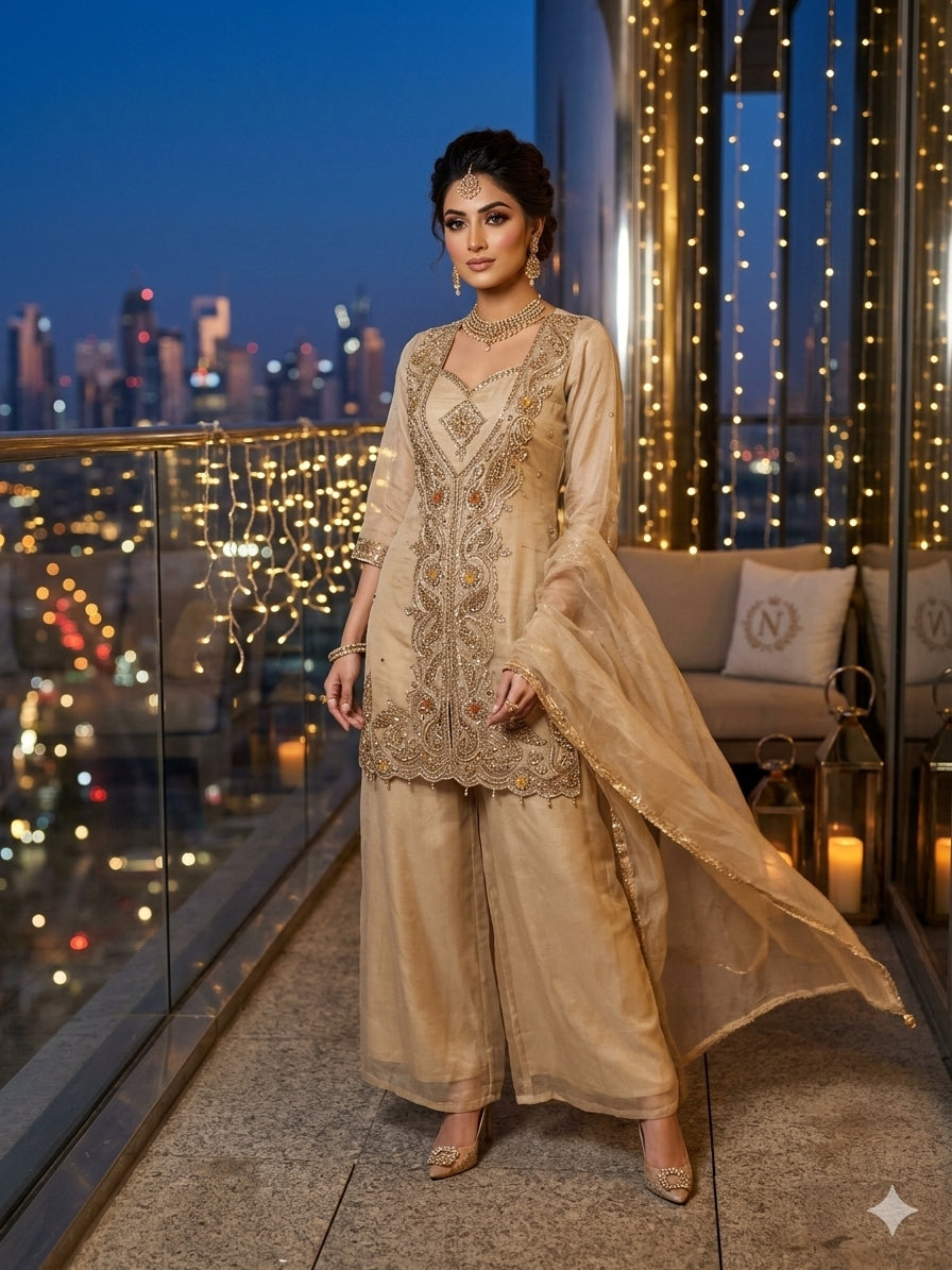 Elegant Beige Organza Embroidered Plazzo Suit