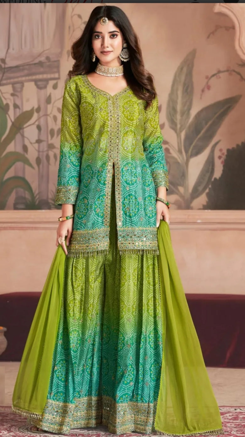 Chinnon Fabric Bandhej Print Heavy Palazzo Kurta Set