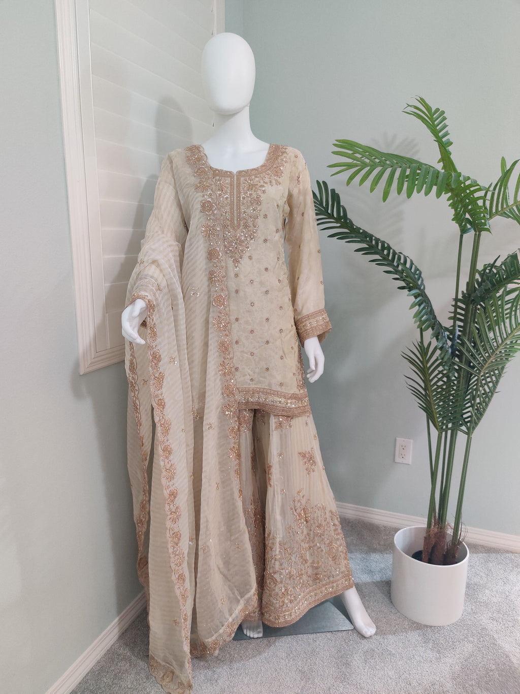 Beige Wedding Wear Handwork Embroidered Plazzo Suit