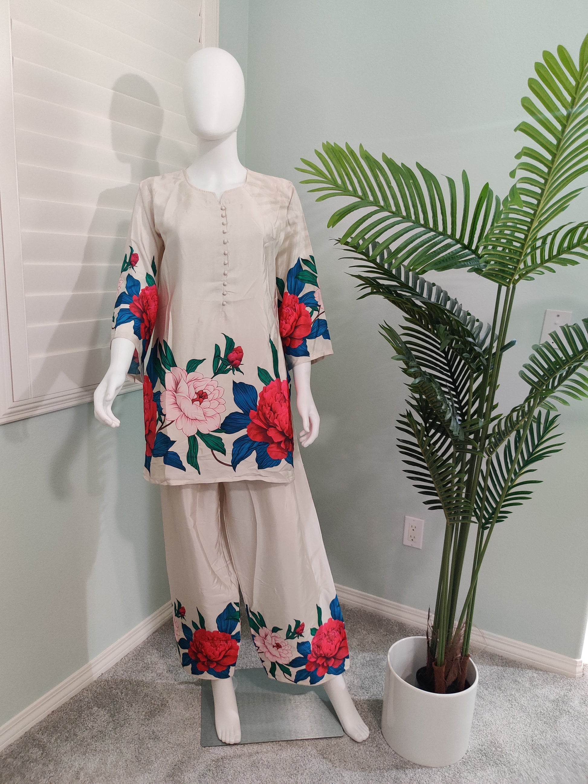 Beige Satin Silk Digital Print Farshi Salwar Suit