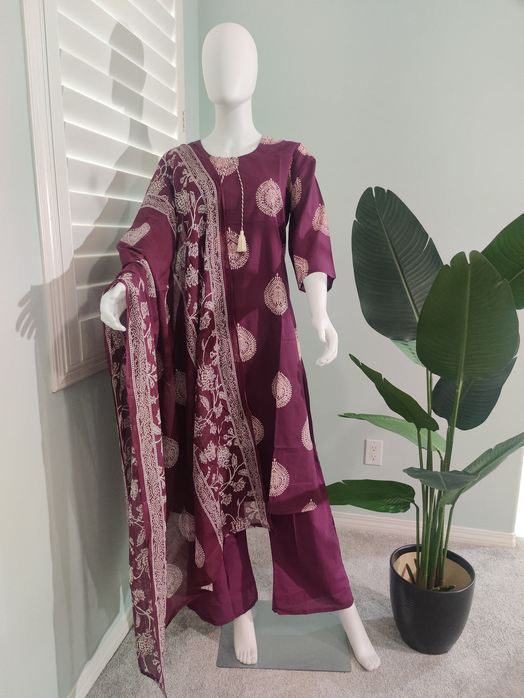 Wine Block Printed Premium Cotton Kurta Set
