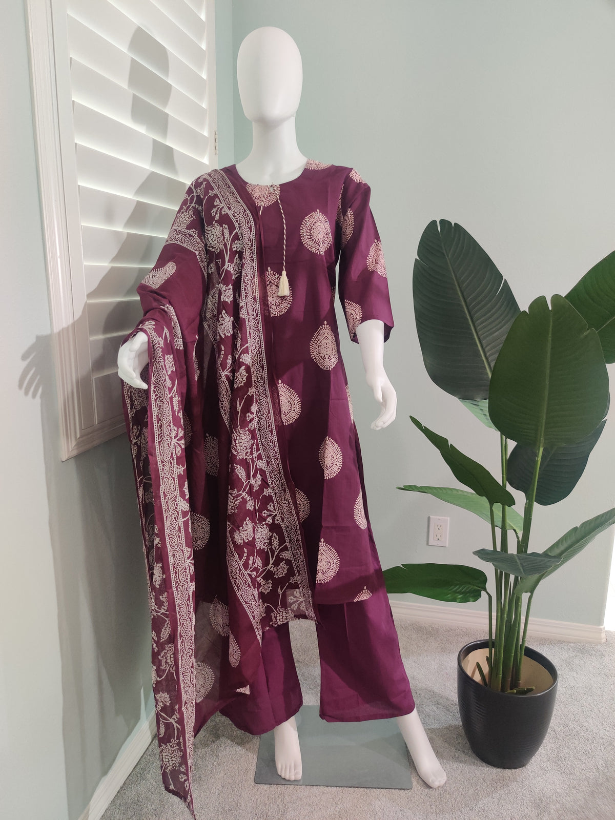 Wine Block Printed Premium Cotton Kurta Set