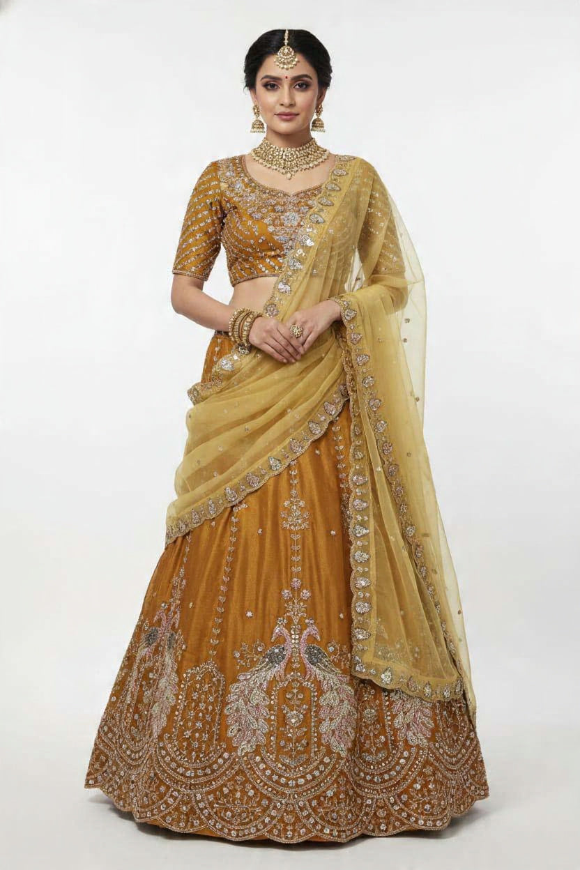 Mustard Yellow Peacock Embroidered Party Wear Lehenga