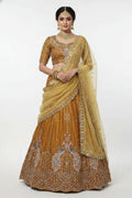 Mustard Yellow Peacock Embroidered Party Wear Lehenga