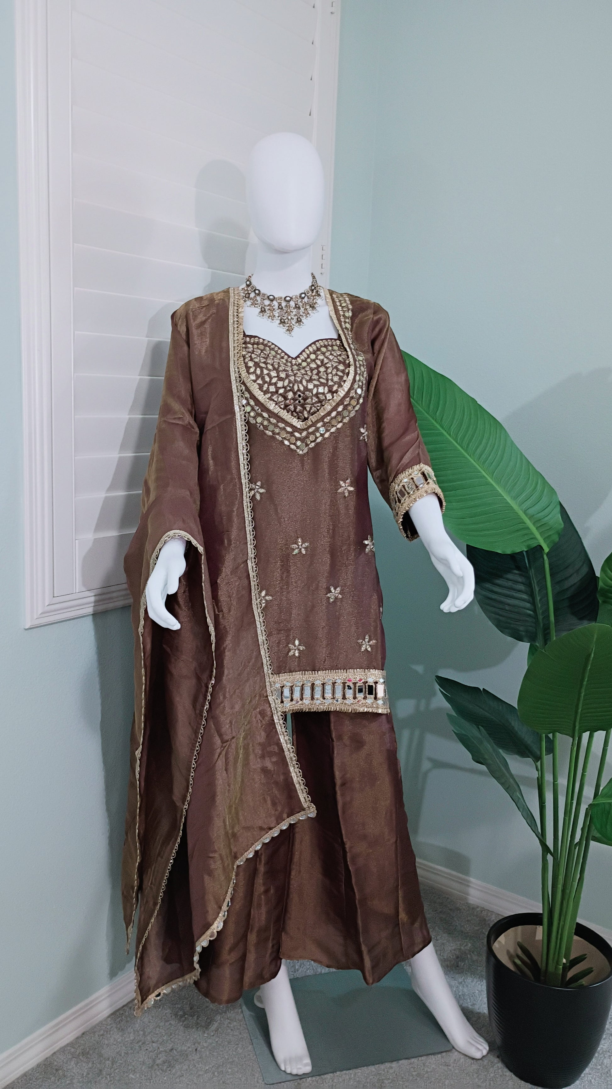 ✨ Mirror Magic: Shimmer Tissue Suit Set in Brown & Purple