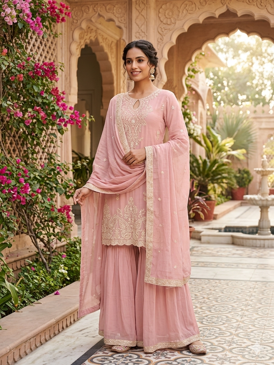 Soft Blush Pink Pearl Embroidered Sharara Kurta Set