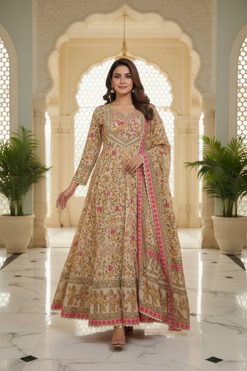 Cotton Floral Anarkali Kurta Set — Breezy, Graceful, Timeless