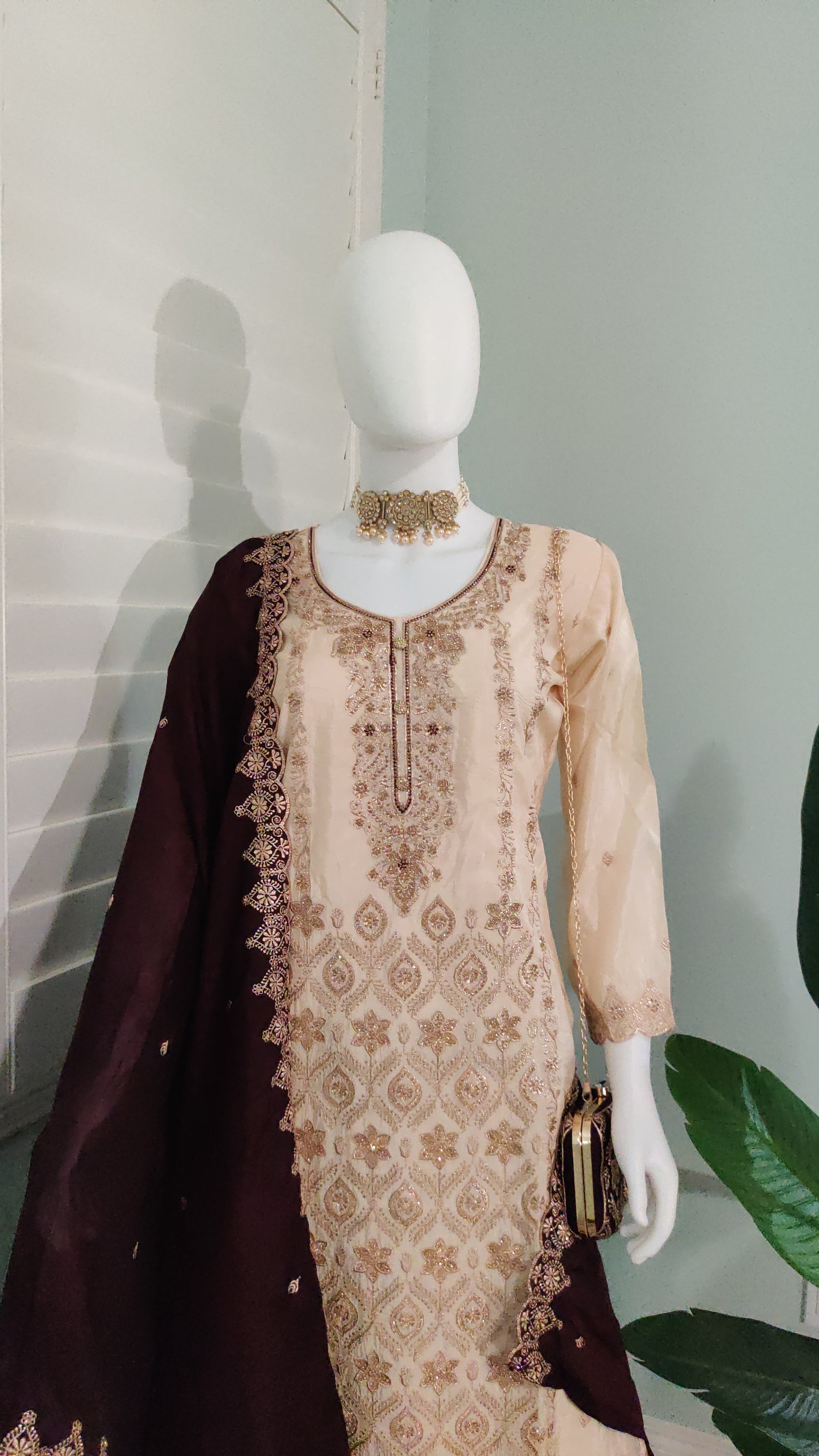 Glass Organza Embroidered Straight Pant Kurta set with Matching Purse