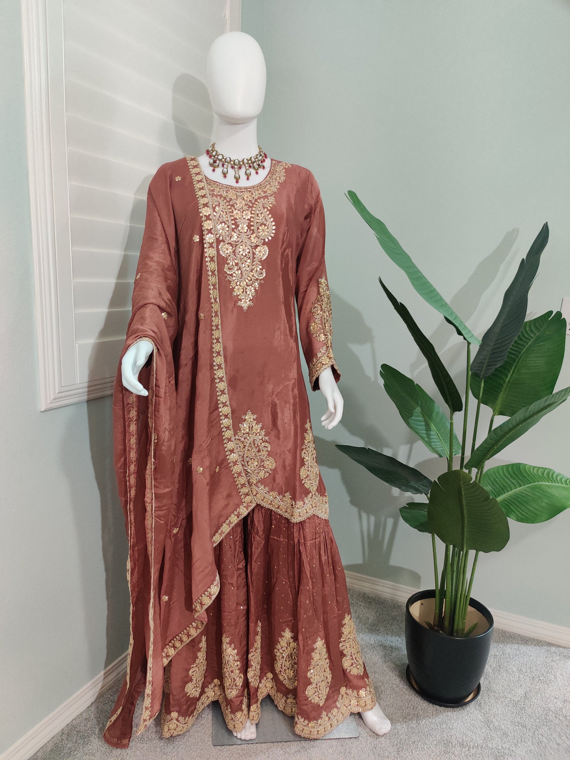 ✨ Brown Gold Embroidered Sharara Suit Set