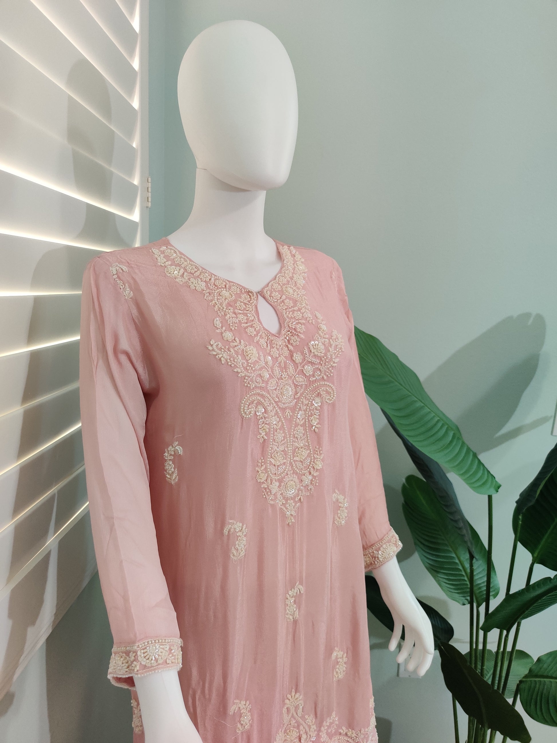 Soft Blush Pink Pearl Embroidered Sharara Kurta Set