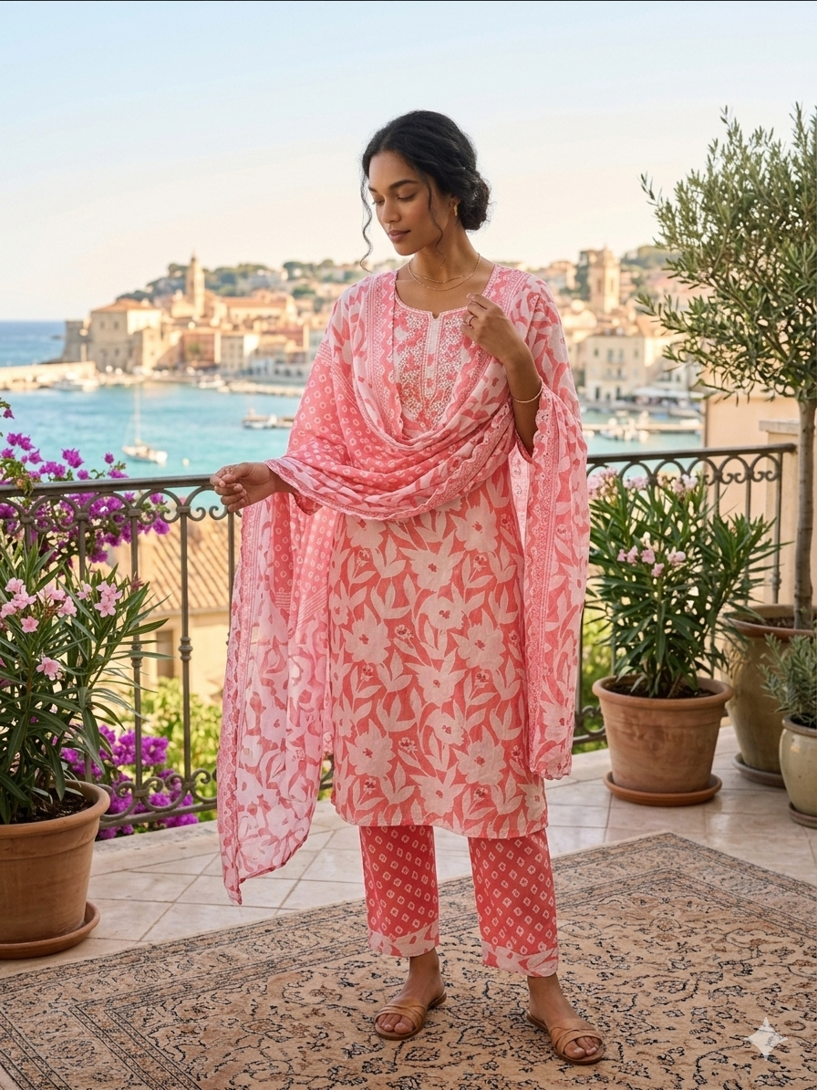 Light Pink Summer Wear Printed Cotton Kurta Set