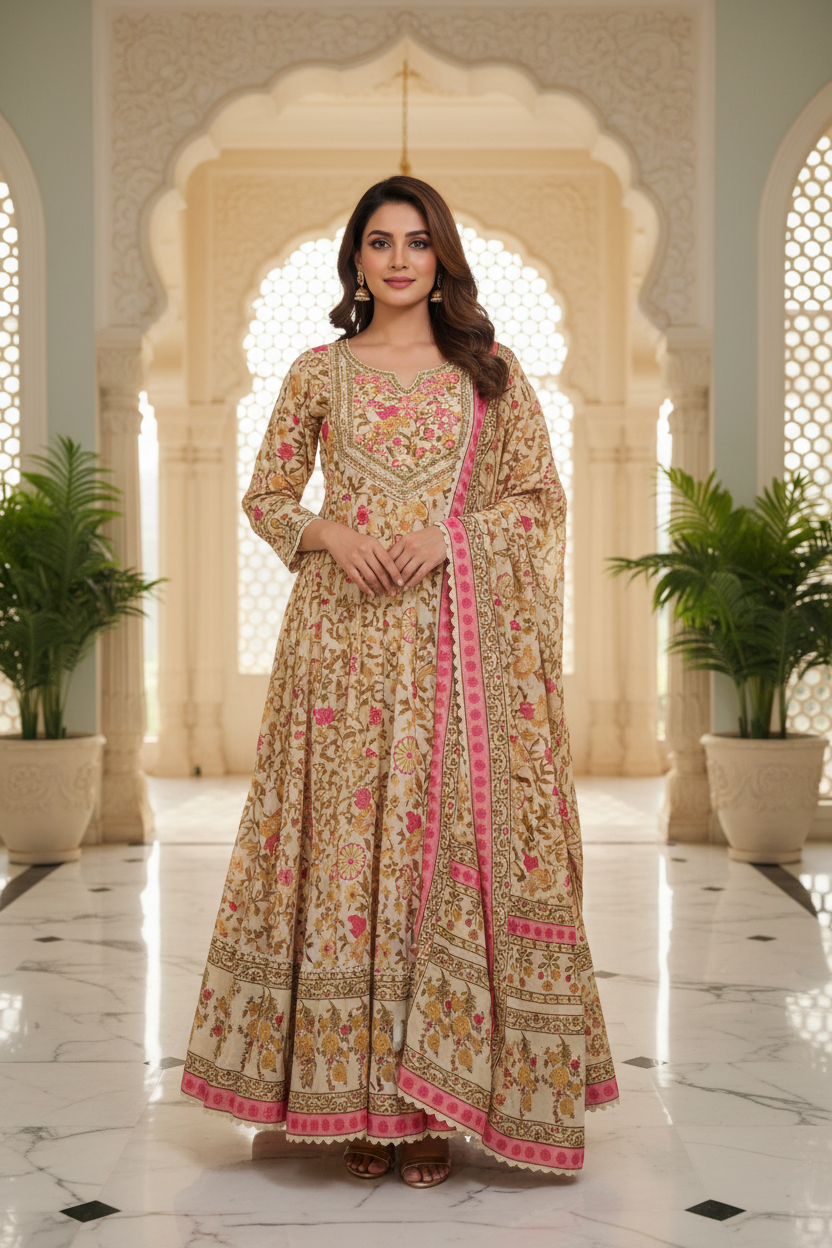 Cotton Floral Anarkali Kurta Set — Breezy, Graceful, Timeless