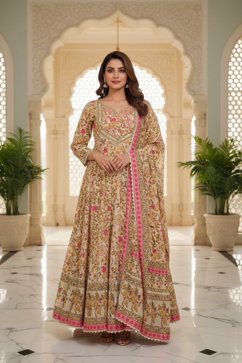 Cotton Floral Anarkali Kurta Set — Breezy, Graceful, Timeless