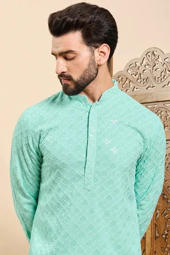 Sea Green Chikankari Boys Kurta Pajama Set