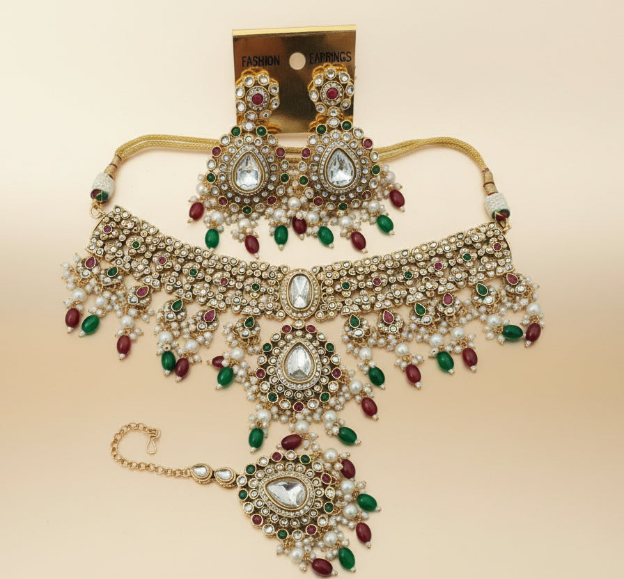 Regal Multicolor Polki Choker Set with Earrings & Maang Tikka